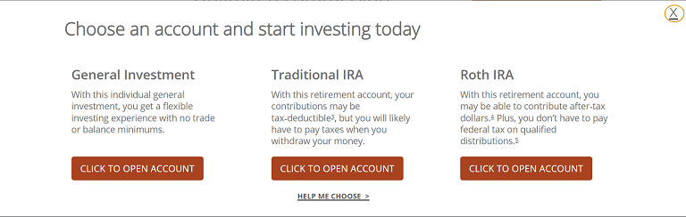 list of account types offered by J.P. Morgan Self-Directed Investing with general summary and buttons to apply